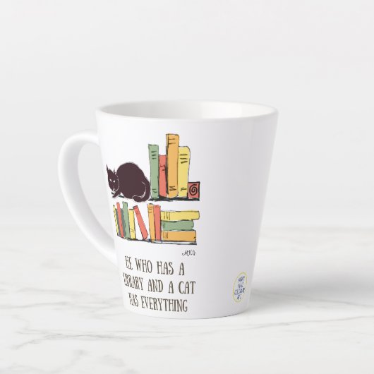 Bibliotheek Kat Handgetekende Zwarte Kat met Boeke Latte Mok (Linkerhoek)
