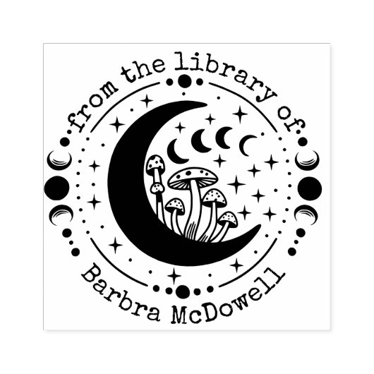 Bibliotheek van de maan en paddenstoelen ex libris rubberstempel (Afrduk)