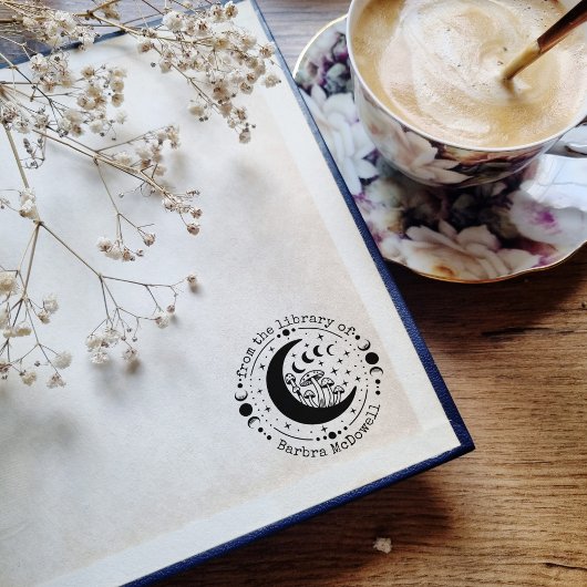 Bibliotheek van de maan en paddenstoelen ex libris rubberstempel