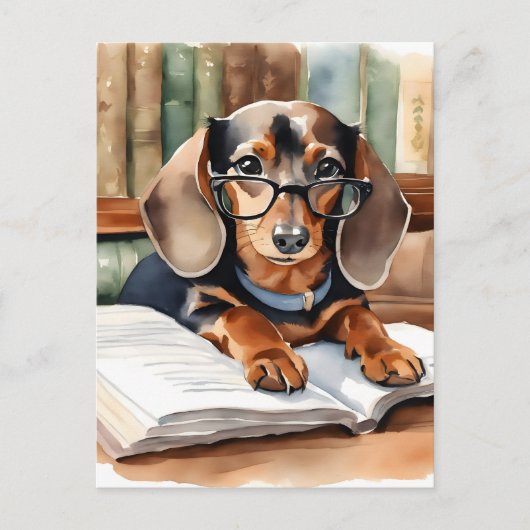  Bibliotheek Waterverf Dachshund Briefkaart (Voorkant)