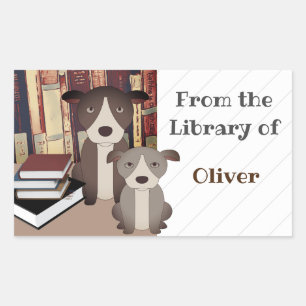 BIBLIOTHEEKHOND. BOEKEN. SCHATTIGE HONDEN. NAAM RECHTHOEKIGE STICKER