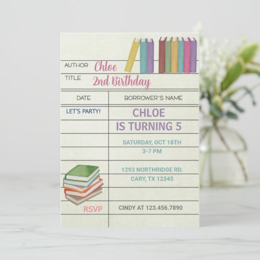 Bibliotheekkaart, uitnodiging voor meisjes op de v (Staand voorkant)