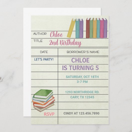 Bibliotheekkaart, uitnodiging voor meisjes op de v (Voorkant / Achterkant)