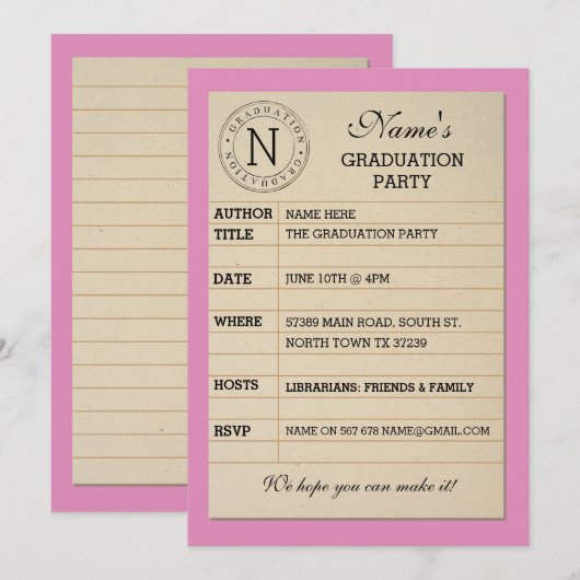 Bibliotheekkaartengradatie Roze boek uitnodigen Kaart (Voorkant / Achterkant)