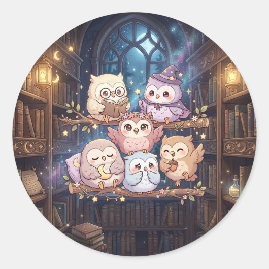 Bibliotheeksticker met Cute Uil Ronde Sticker (Voorkant)