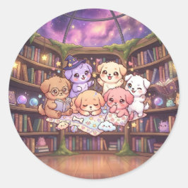 Bibliotheeksticker met schattige puppy ronde sticker
