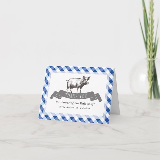 Bibs & Ribs BBQ Rustic Navy Gingham Baby Shower Bedankkaart (Voorkant)
