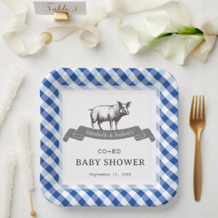 Bibs & Ribs BBQ Rustic Navy Gingham Baby Shower Papieren Bordje