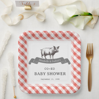 Bibs & Ribs BBQ Rustic Red Gingham Baby Shower Papieren Bordje