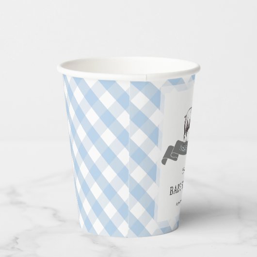 Bibs & Ribs BBQ Rustiek Blauw Gingham Baby shower Papieren Bekers (Rechts)