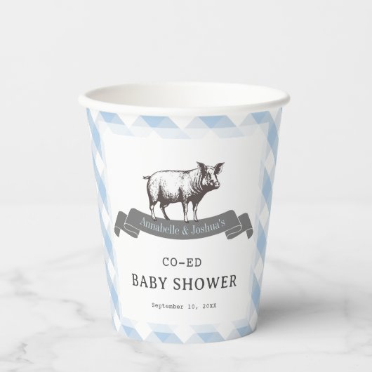 Bibs & Ribs BBQ Rustiek Blauw Gingham Baby shower Papieren Bekers (Voorkant)