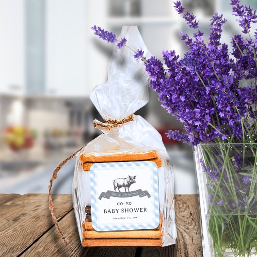 Bibs & Ribs BBQ Rustiek Blauw Gingham Baby shower Vierkante Sticker