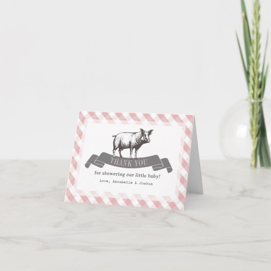 Bibs & Ribs BBQ Rustiek Roze Gingham Baby shower Bedankkaart (Voorkant)