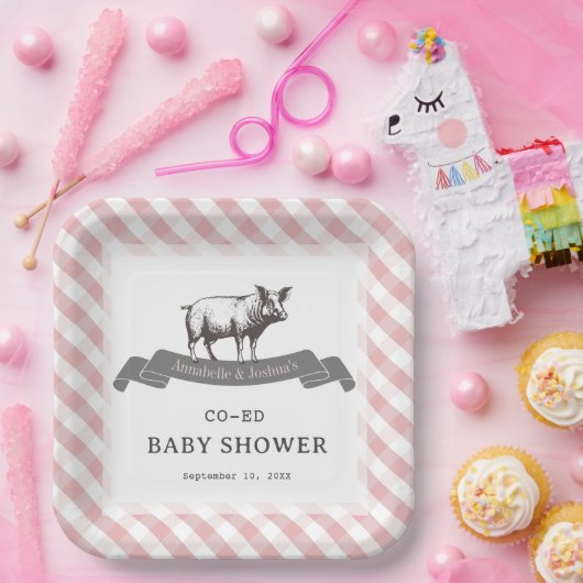 Bibs & Ribs BBQ Rustiek Roze Gingham Baby shower Papieren Bordje (Feest)