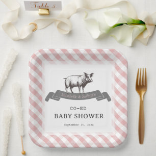 Bibs & Ribs BBQ Rustiek Roze Gingham Baby shower Papieren Bordje