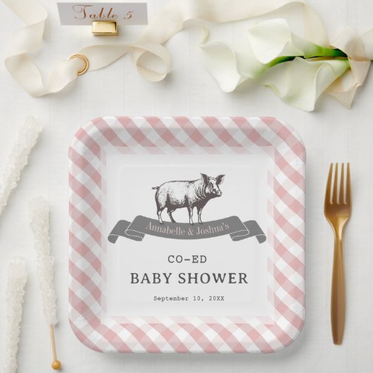 Bibs & Ribs BBQ Rustiek Roze Gingham Baby shower Papieren Bordje (Huwelijk)