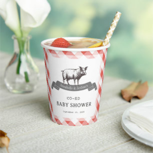 Bibs & Ribs BBQ Rustieke Rode Gingham Baby Shower Papieren Bekers