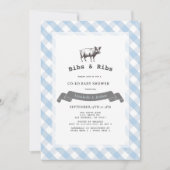 Bibs & Ribs Rustiek Blauw Gingham Co-ed Baby showe Kaart (Voorkant)