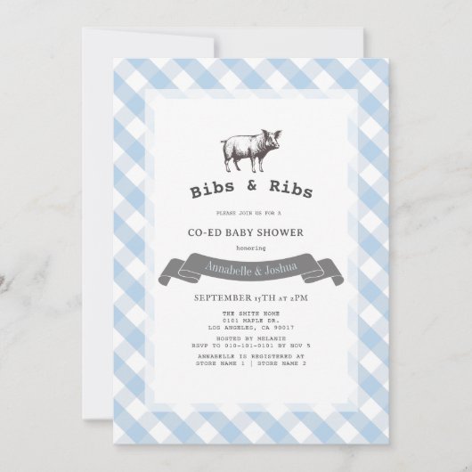Bibs & Ribs Rustiek Blauw Gingham Co-ed Baby showe Kaart (Voorkant)