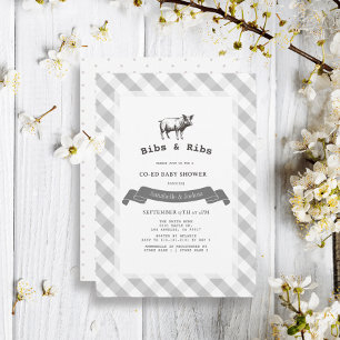 Bibs & Ribs Rustiek Grijs Gingham Co-ed Baby showe Kaart
