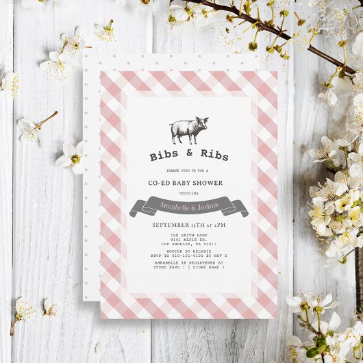 Bibs & Ribs Rustiek Roze Gingham Co-ed Baby shower Kaart