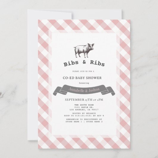 Bibs & Ribs Rustiek Roze Gingham Co-ed Baby shower Kaart (Voorkant)