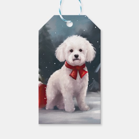 Bichon Fris hond in sneeuw Kerstmis Cadeaulabel (Voorkant)