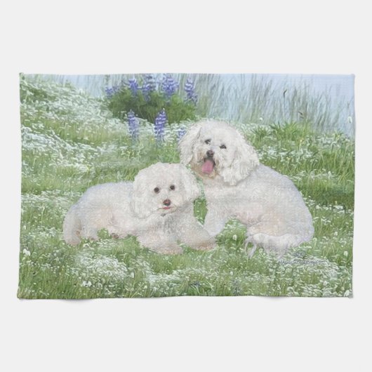 Bichon Frise Blauwe Klokjes Theedoek (Horizontaal)