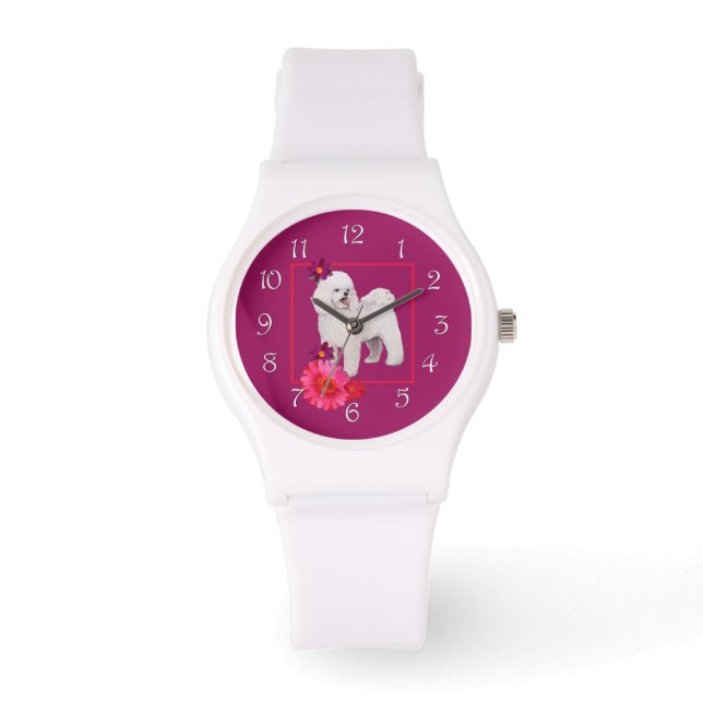 Bichon Frise Bloemige Pret Horloge (Voorkant)