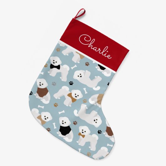 Bichon Frise Botten en Paws Blue Grote Kerstsok (Voorkant (Hangend))