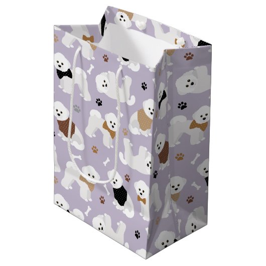Bichon Frise Botten en Paws Paars Medium Cadeauzakje (Voorkant Gekanteld)