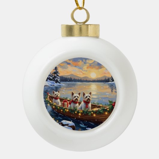 Bichon Frise Christmas Boat Holiday Keramische Bal Ornament (Voorkant)