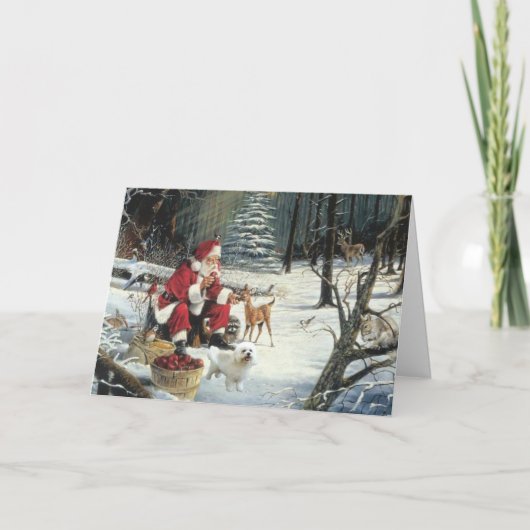 Bichon Frise Christmas Card Santa Woods Feestdagen Kaart (Voorkant)