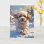 Bichon Frise Christmas Snow Scene Schilderij Kaart (Gele Bloem)