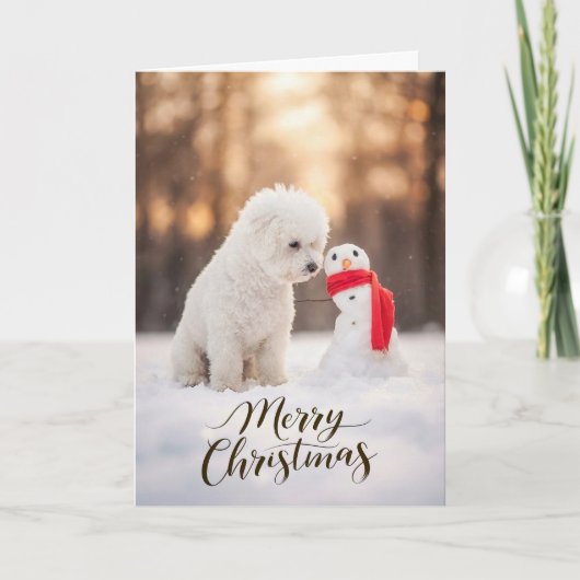 Bichon Frise Christmas Snowman Feestdagen Kaart (Voorkant)