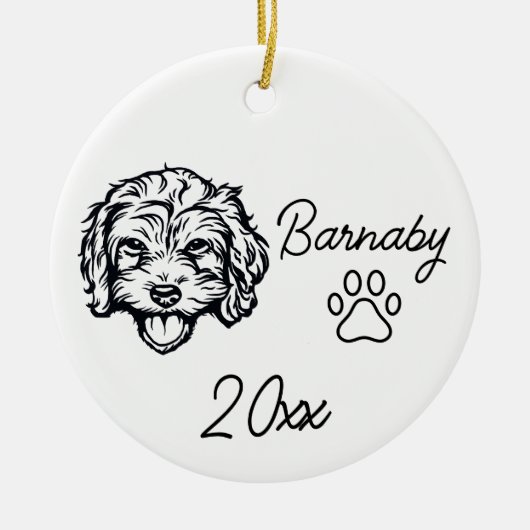 Bichon Frise Dog Custom Naam & Jaar Line Art Keramisch Ornament (Voorkant)