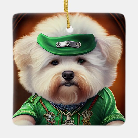 Bichon Frisé Dog Driving Bike St. Patrick's Day Keramisch Ornament (Voorkant)