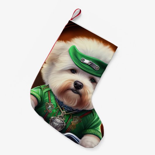 Bichon Frisé Dog Driving Bike St. Patrick's Day Kleine Kerstsok (Voorkant (Hangend))