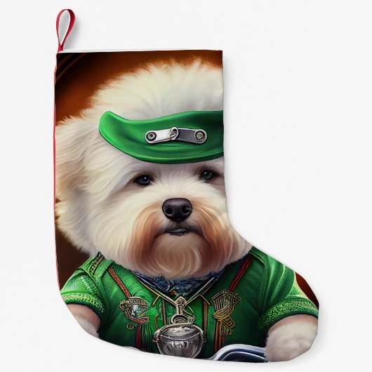 Bichon Frisé Dog Driving Bike St. Patrick's Day Kleine Kerstsok (Voorkant)
