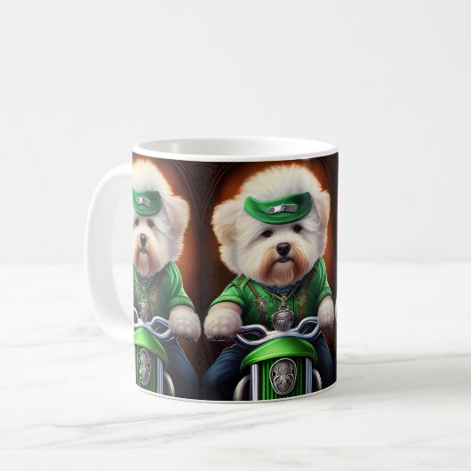 Bichon Frisé Dog Driving Bike St. Patrick's Day Koffiemok (Voorkant links)