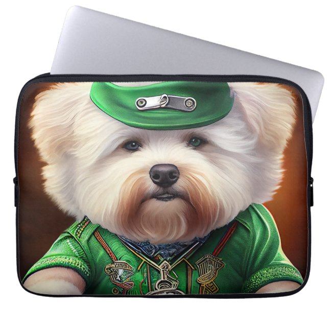Bichon Frisé Dog Driving Bike St. Patrick's Day Laptop Sleeve (Voorkant)
