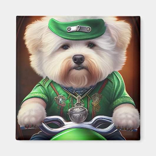 Bichon Frisé Dog Driving Bike St. Patrick's Day Magneet (Voorkant)