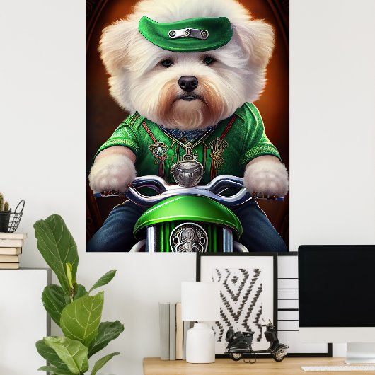 Bichon Frisé Dog Driving Bike St. Patrick's Day Poster (Thuiskantoor)