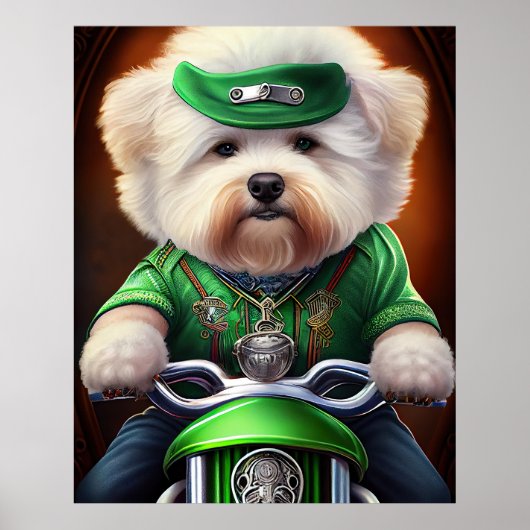 Bichon Frisé Dog Driving Bike St. Patrick's Day Poster (Voorkant)