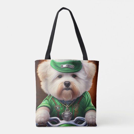 Bichon Frisé Dog Driving Bike St. Patrick's Day Tote Bag (Achterkant)