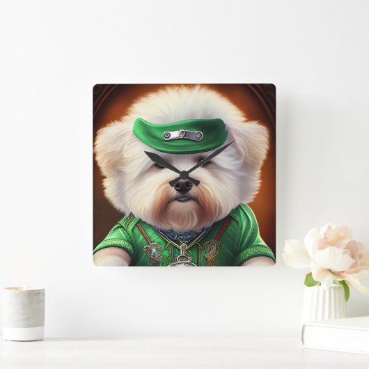 Bichon Frisé Dog Driving Bike St. Patrick's Day Vierkante Klok (Huis)