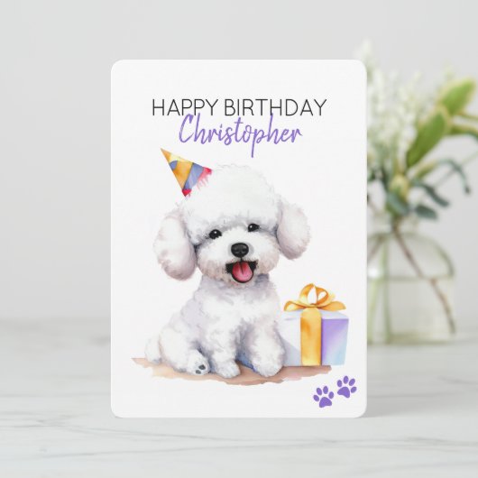 Bichon Frise Dog Gepersonaliseerd Gelukkige Verjaa Kaart (Staand voorkant)