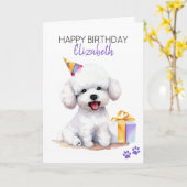 Bichon Frise Dog gepersonaliseerd Happy Birthday Kaart (Gele Bloem)