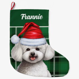 Bichon Frise Dog Holiday Green Plaid Dog's Name Grote Kerstsok