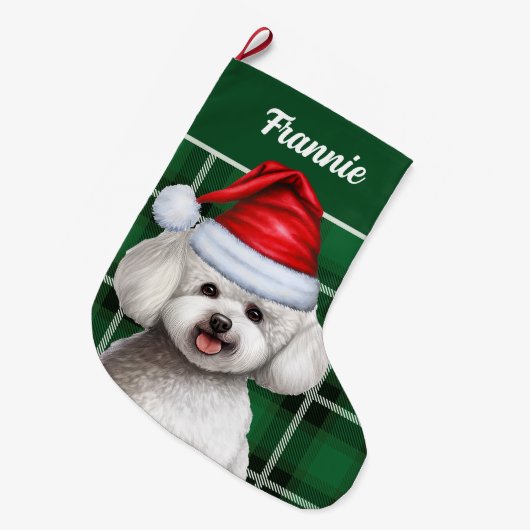 Bichon Frise Dog Holiday Green Plaid Dog's Name Grote Kerstsok (Voorkant (Hangend))